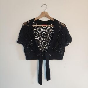 Black Tie Front Crochet Cropped Cardigan